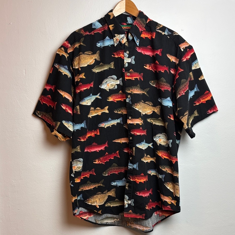VTG Tango by‎ Max Raab Men’s Large Short Sleeve Fish Print Shirt Black